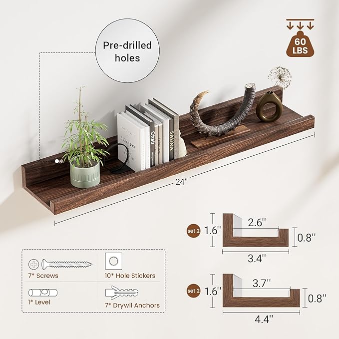 Heimlove Picture Ledge Shelf,24 inch Long Floating Shelves for Wall Set of 4,Picture Shelf with Lip for Wall Decor,Living Room,Bedroom,Bookshelf,Nursery,Perfume,Walnut Color