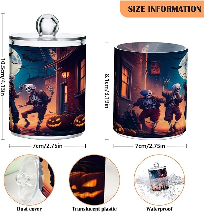 Nander 2Pack Halloween Fun Skeleton Qtip Holder Dispenser -Clear Plastic Apothecary Jars Set - Restroom Bathroom Makeup Organizers Containers for Cotton Swab, Ball, Pads, Floss