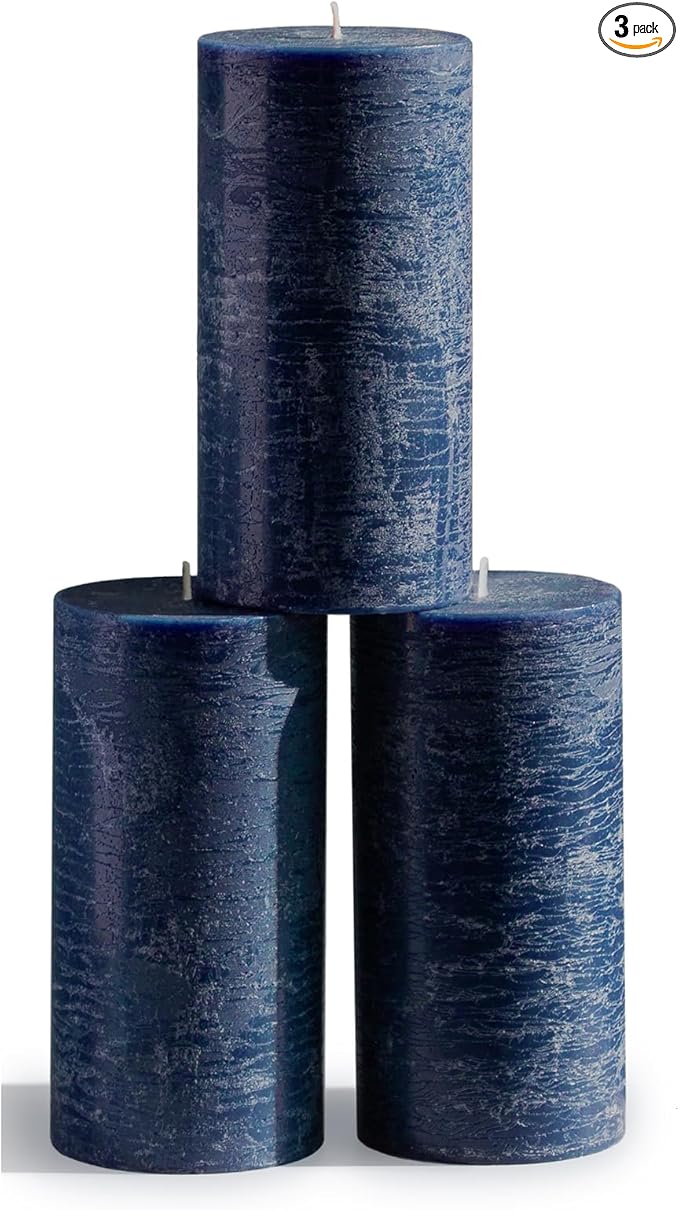 CANDWAX Large Pillar Candles 3x6 Inch – Set of 3 Unscented Dripless Dark Blue Candles, Rustic Finish for Weddings, Home Interior, Centerpieces