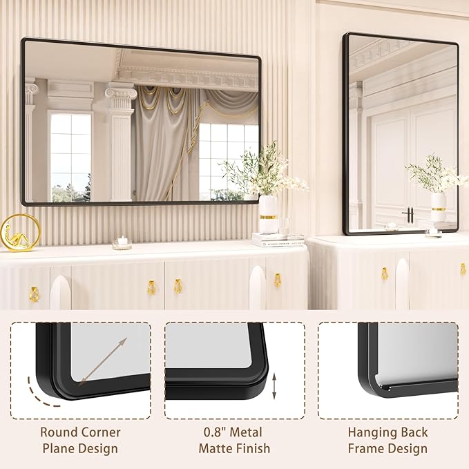 pertetey New Upgrade Bathroom Mirror, 48X32 Inch Black Metal Frame Wall Mounted Rounded Rectangle Bathroom Vanity Mirror with Tempered Glass for Washroom Bedroom Living Room