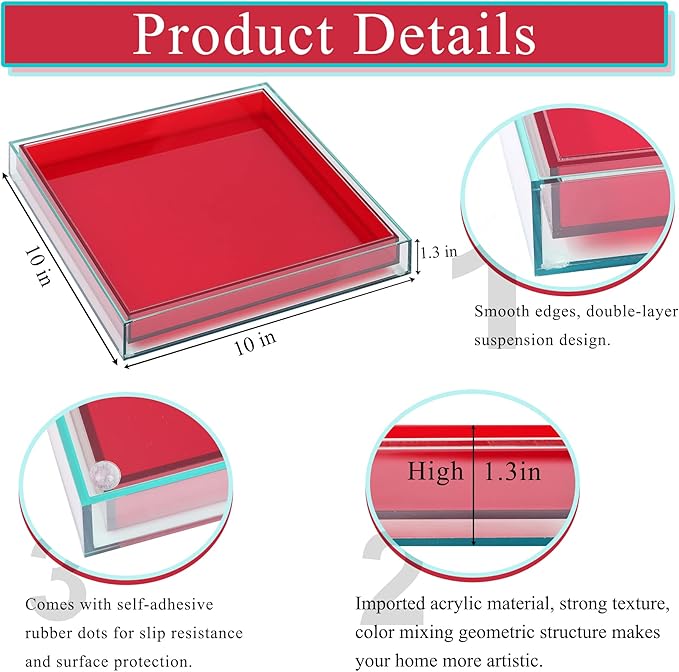 Red Acrylic Tray -10"x10" Multipurpose Square Decorative Tray for Perfume Display & Serving, Bathroom Sink Vanity Organizer Tray for Bathroom, Vanity, Coffee Table, Living Room Decor