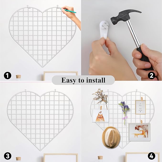 ECLENYES Grid Photo Wall Panels - 22.4"x20.4" Heart Shape Iron Rack Art Wire Board, Wall Grid Organizer, DIY Photo Frame for Home, Office, Kitchen, Bedroom, Christmas Gifts - White