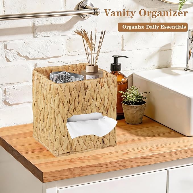 BIBELUN Woven Tissue Box Cover Square with Storage Tray, Water Hyacinth Tissues Cube Box Holder, Farmhouse Wicker Facial Tissue Dispenser Organizer for Bathroom, Countertop, Vanity, Nightstand, Decor