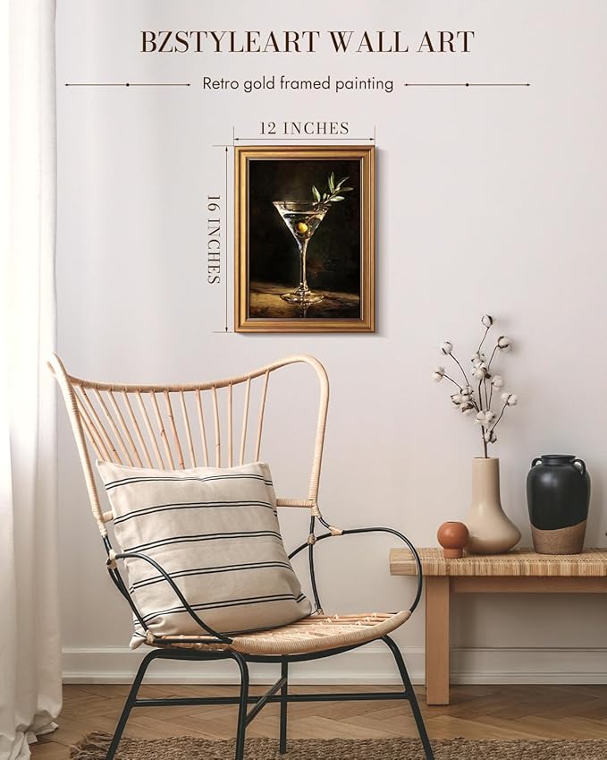 Bzstyleart Vintage Wall Art Decor for Living Room, Martini Framed Wall Art Room Decor Aesthetic, Framed Cocktail Artwork, Bedroom Painting Pictures12 x 16 Inch