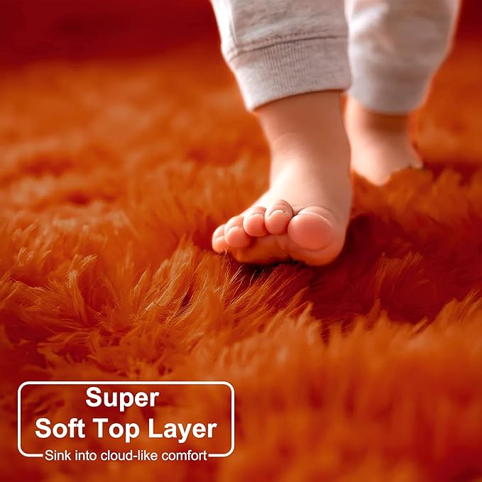 Amdrebio Burnt Orange Area Rugs for Bedroom Kids Room, Fluffy Fuzzy Shaggy Furry Small Rug 3x5 for Living Room Decor Aesthetic, Cute Plush Shag Dark Orange Carpet for Dorm Nursery Classroom Playroom
