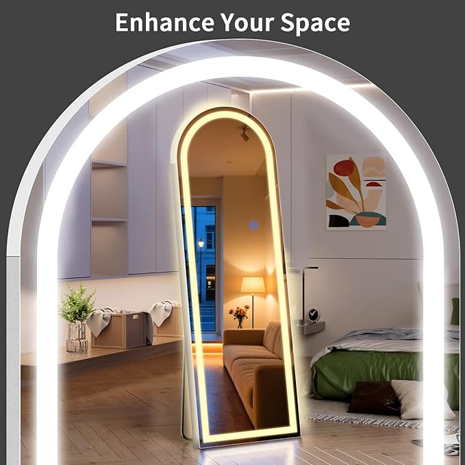 Arch Full Length Standing Mirror with LED Lights, 65"x24" Lighted Mirror with Dimming & 3 Color Lighting, Tall Mirror Full Body for Bedroom, Dressing Room