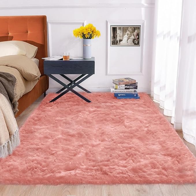 ORINOVA Pink Shag Washable 5x7 Area Rugs for Living Room Big Fluffy Sheepskin Fur Rug for Bedroom Shaggy Nursery Rug