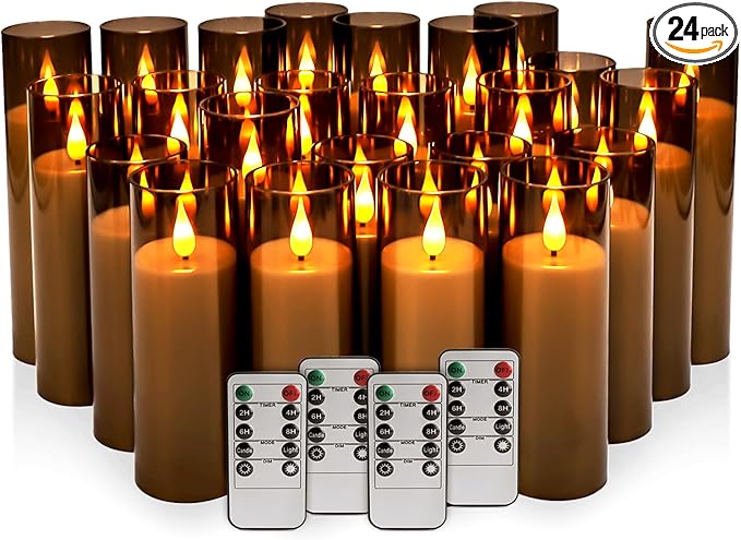 24 Pack LED Gray Flameless Candles with Remote, 3D Flickering Battery Operated Candles in Glass Holders, Safe for Weddings, Parties, Home and Outdoor Decor.