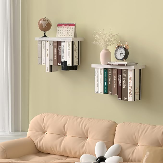 Tohiasen Floating Book Shelves for Wall Mounted Set of 2, Wood Hanging Bookshelf, Book Display Shelf for Wall, Unique Space Saving Book Shelf Wall Book Holder (White)