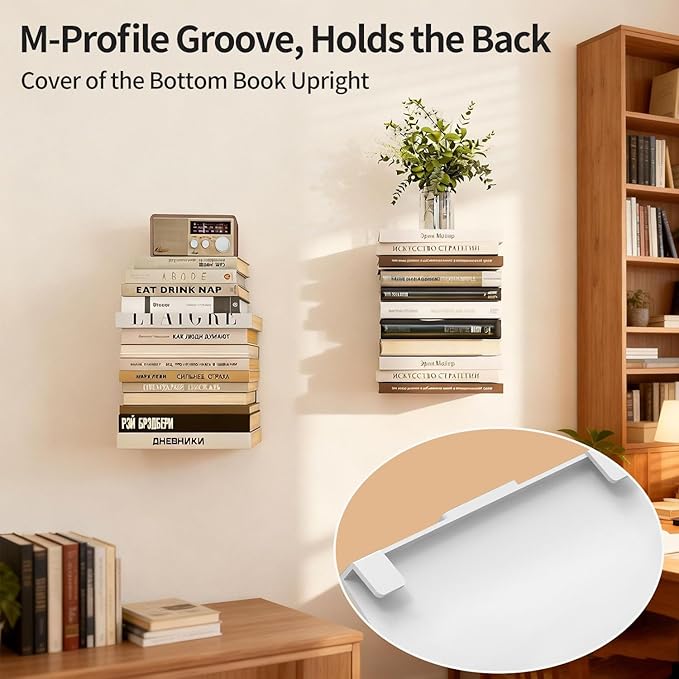 Invisible Floating Bookshelves 4 Tier, Heavy Duty Metal Book Organizer for Wall, 2 Pack (White)