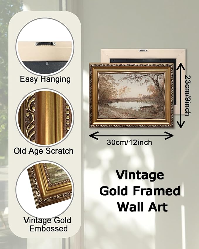 KBKBART Vintage Framed Wall Art for Living Room, French Country Decor Retro Rivers Muted Autumn Pond Landscape Oil Painting, Neutral Farmhouse Decor, Gold Framed Canvas Print Artwork Nature Vintage Wall Art, 9"x12"