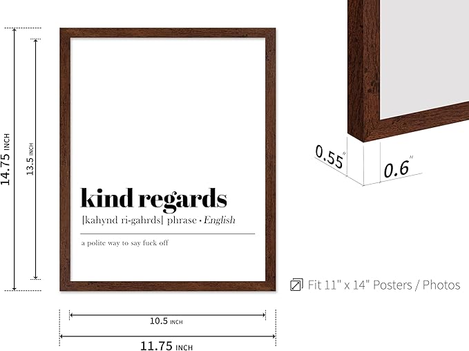Poster Master Typography Poster - Dictionary Print - Kind Regards Definition, Polite Way to Say Fuck Off, Funny - Gift for Colleague, Friend - Wall Decor for Home, Office, 11x14 Brown Framed