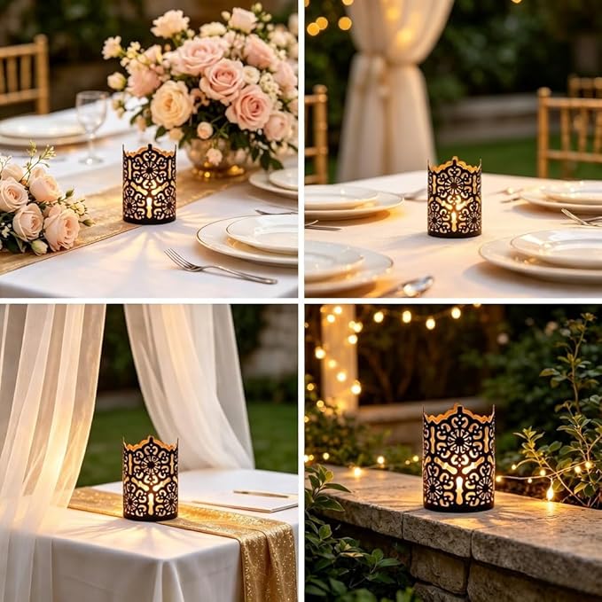 Hosley Set of 3 Black Metal Candle Holders 4 Inch High - Lattice Cut Lanterns for Table Centerpiece, Wedding, Home Decor, Indoor Outdoor