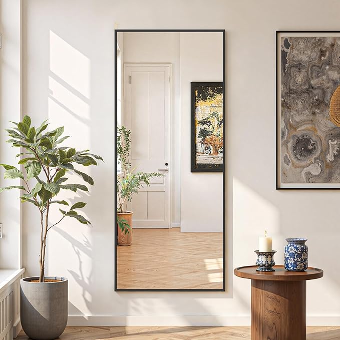 Mirror Full Length 56"x21" Full Body Floor Mirror with Stand, Shatterproof Glass, Aluminum Alloy Frame, Free Standing Wall Mounted or Leaning Rectangle Mirrors for Bedroom Living Room Entryway