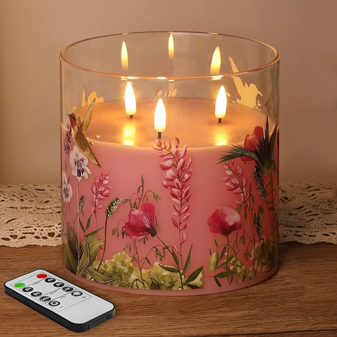 Eywamage 3 Wick Flameless Candle with Remote, Pink Hummingbird Floral Glass LED Candle, Large Battery Pillar Candle Φ 6" H 6"