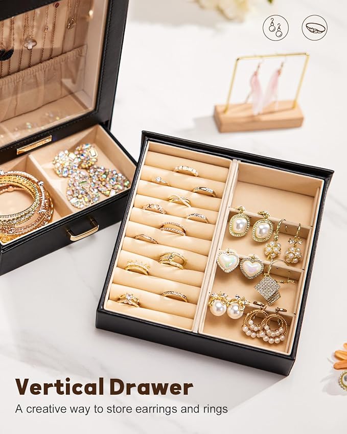 Homde Mothers Day Gifts Jewelry Organizer Girls Women Jewelry Box for Necklaces Rings Earrings Gift Bracelets Storage Case (Black + Gold)