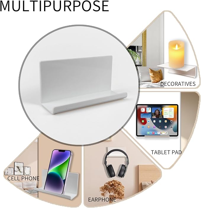 Adhesive Tablet Wall Mounted Phone Holder Acrylic Floating Shelves,eReader Wall Holder Smartphone Holder Stand for Bedroom,Living Room,Dorm,Office Display Shelf(White)