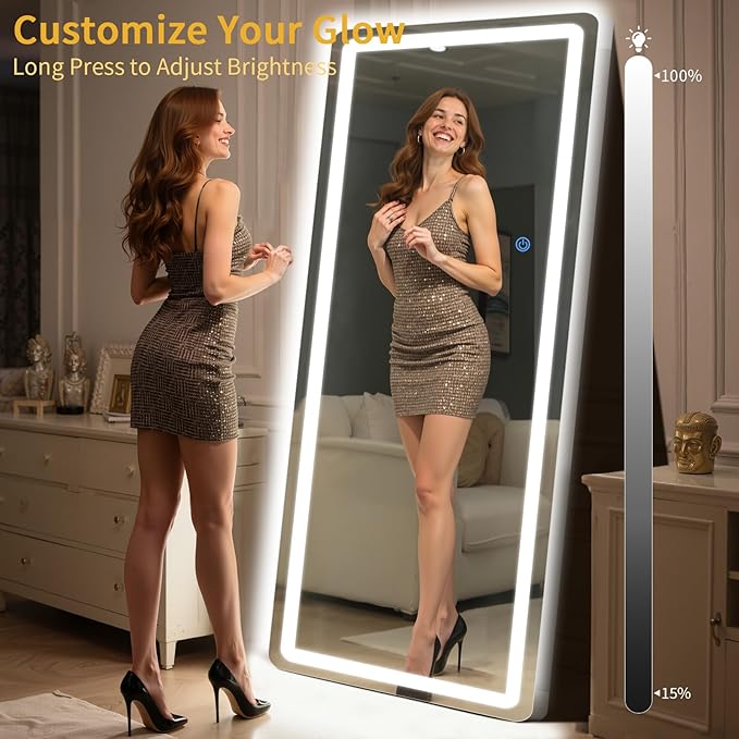 Standing Mirror Full Length with LED Lights, 71"x32" Lighted Mirror with Dimming & 3 Color Lighting, Tall Mirror Full Body for Bedroom, Dressing Room
