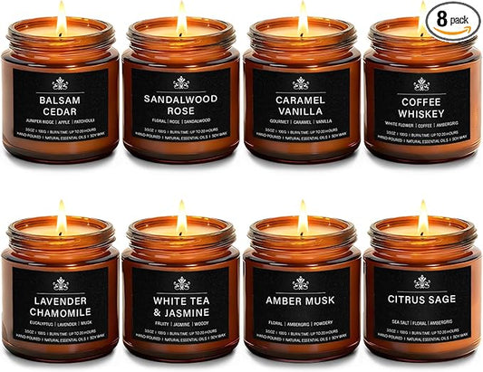 8 Pack Soy Wax Scented Candles Gift Set, Aromatherapy Candles with Lavender Chamomile, Citrus Sage, Caramel Vanilla, Coffee Whiskey, Long Lasting Stress Relief Candle, Unisex Home & Gift Set