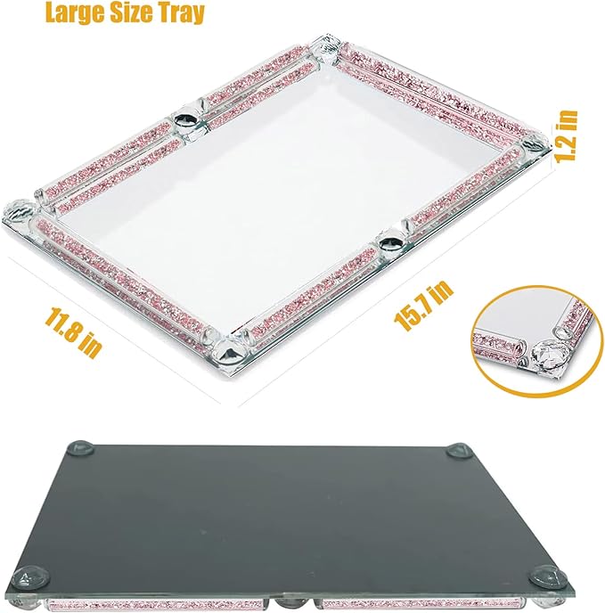 Large Glass Tray, Crystal Mirror Modern Jewelry Trinket Trays with Crushed Diamond, 15.7" x 11.8" Rectangular Makeup Perfume Tray for Bathroom Bedroom, Home Decor, Hotel Banquet, Party (Rose A)