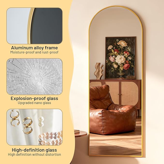 Simple Deluxe Arched Full Length Mirror, 71"×26" Large Floor Mirrors, for Wall Door Bedroom Bathroom Living Room (Gold)