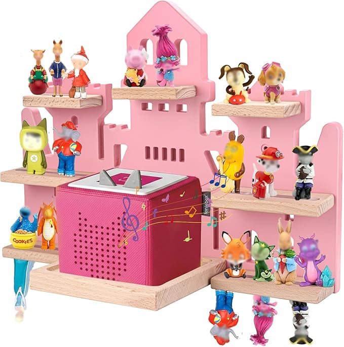 Tonie Shelf for Tonies Box 2/1 - Tonie Storage for Tonie Box & Tonies Figures & Charging Station, Magnetic Wooden Floating Shelf for Toniebox & 15-33 Tonies Characters, Wall Mounted Rack,Castle Shape