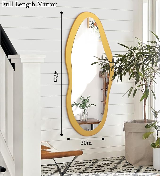 AAZZKANG Gold Irregular Full Length Mirror with Wood Framed Large 47"x20" Asymmetrical Full Body Mirrors for Bedroom Living Room Entryway