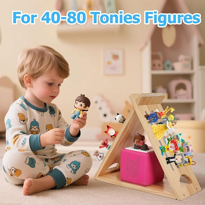 for Toniesbox Shelf,Triangle Tonie Shelf Magnetic Compatible with Toniesbox 1 and 2,Solid Oak Wooden Wall Mounted Tonie Storage Display Shelf for 40-80 Characters for Kids Play Room