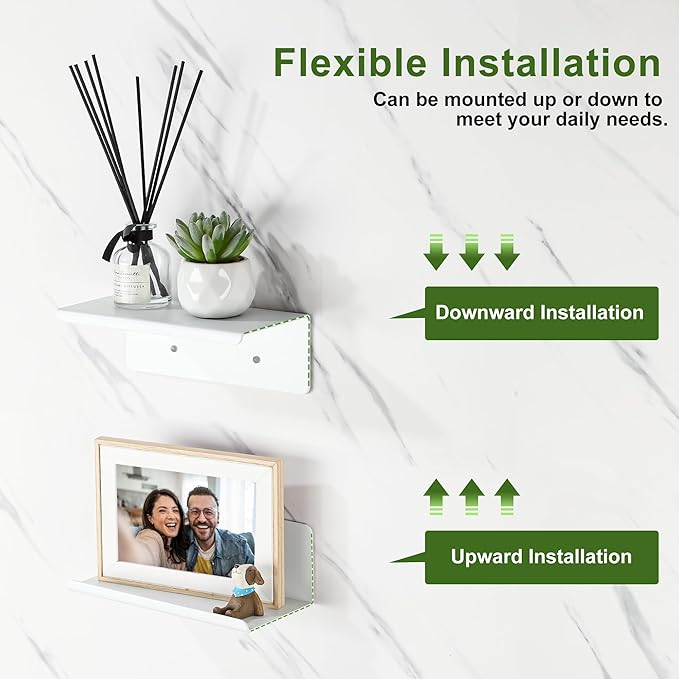 SAYAYO White Floating Shelves for Wall Storage, 8 Inch Screw or Self Adhesive Wall Shelves for Bedroom Decor, Small Display Bathroom Shelf Organizer for Kitchen, Living Room, Office, 2pcs