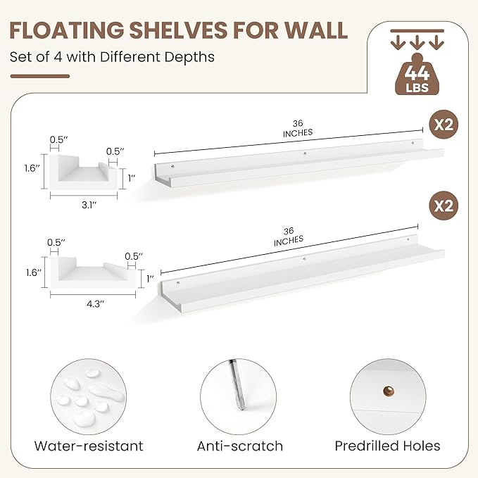 Fun Memories Picture Ledge Shelf, White Floating Shelves Set of 4, 36 Inch Picture Shelves for Wall with Ledge, Large Nursery Book Shelf for Toys Storage, Living Room, Bedroom Decor Frames