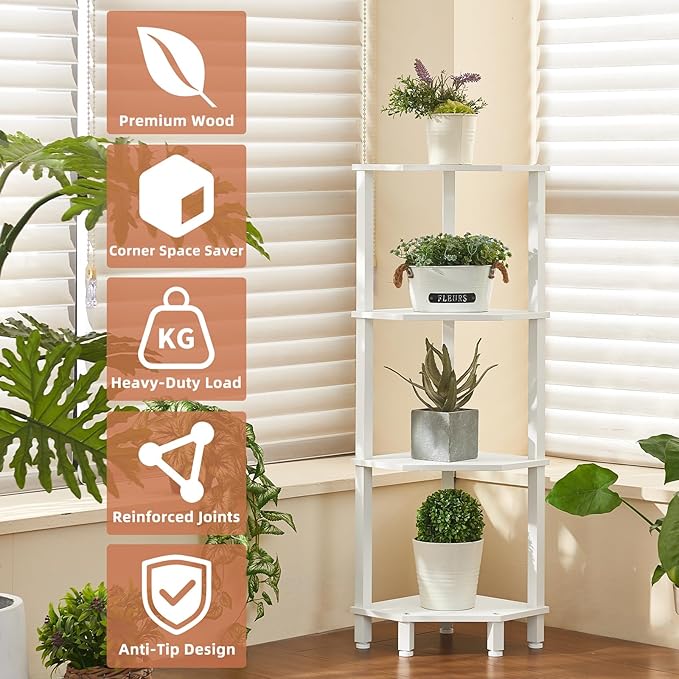 YUFAM 4-Tier Corner Shelf with Sturdy 5-Leg Base, 42in Tall Narrow Bookcase for Small Spaces, Wooden Plant Display Shelf, Thin Bookshelf for Living Room, Bedroom, Office, White