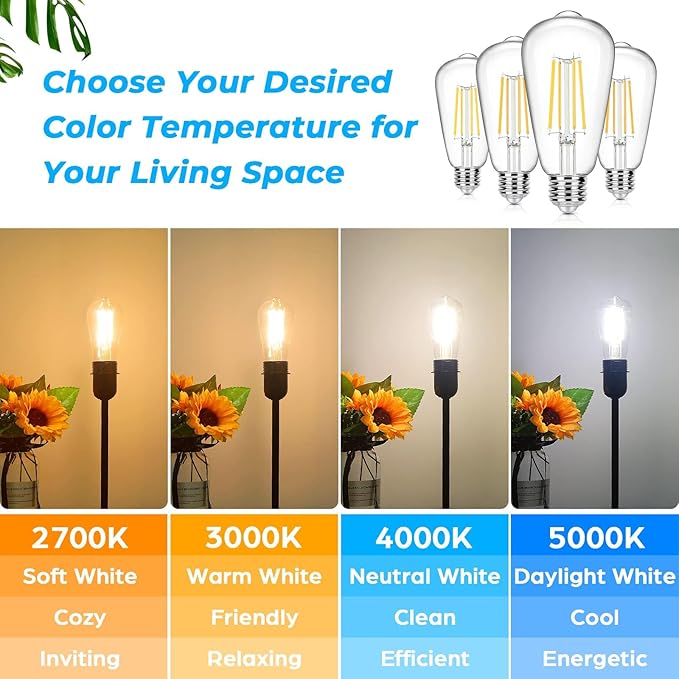 12-Pack Vintage E26 LED Edison Bulbs 100W Equivalent 1400LM High Brightness 8W ST58 LED Filament Light Bulbs 4000K Daylight White Medium Base CRI90+ Antique Clear Glass for Home Office, Non-dimmable