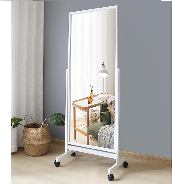 Swivel Tilting Full Length Mirror on Wheels 65"x22", Pine Wood Frame Cheval Floor Rolling Mirror Full Body with Standing Holder for Bedroom, Babershop, Home Gym, Angle Adjustable (White)