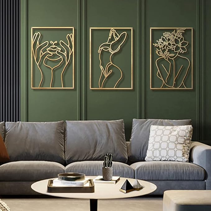 Glamativity Large 4 Pack Gold Wall Art Décor, Minimalist Décor Single Line Art Wall Décor, Real Metal Wall Art, Woman's Body Shape Abstract Wall Art (Gold Classic Style, L Size 22.5 x 15.7'')