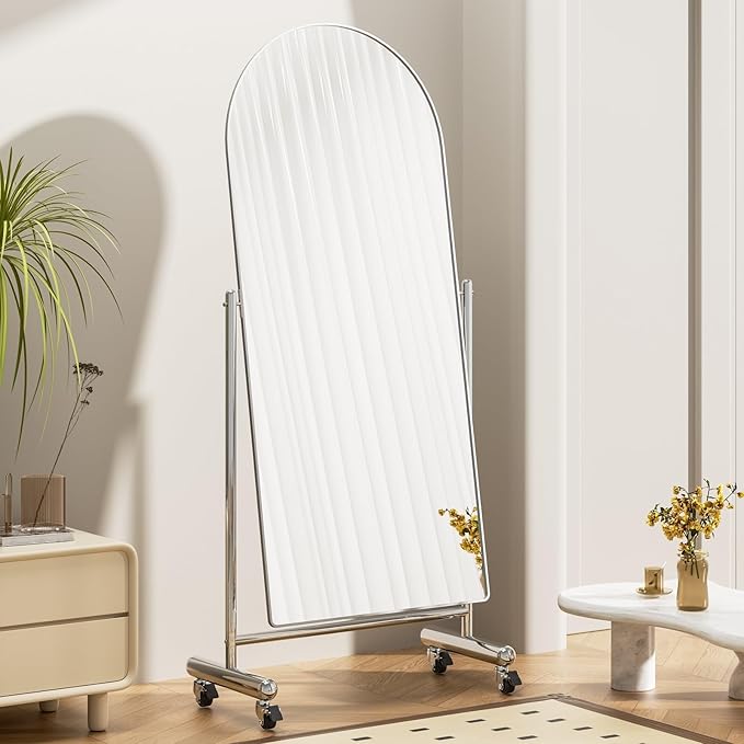 Large Arched Full Length Mirror on Wheels, Rolling Tilting Swivel Floor Mirror 65" x 23" with Tempered Glass and Metal Frame, Modern Dressing Mirror Body Mirror, Home Decor,Silver