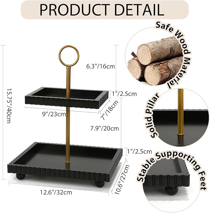 Wooden Two Tiered Tray Stand for Decor, Modern 2 Tier Black Rectangular Decorative Tray with Gold Handle Farmhouse Countertop Serving Display Stand for Home Kitchen Coffee Bar Table Centerpiece
