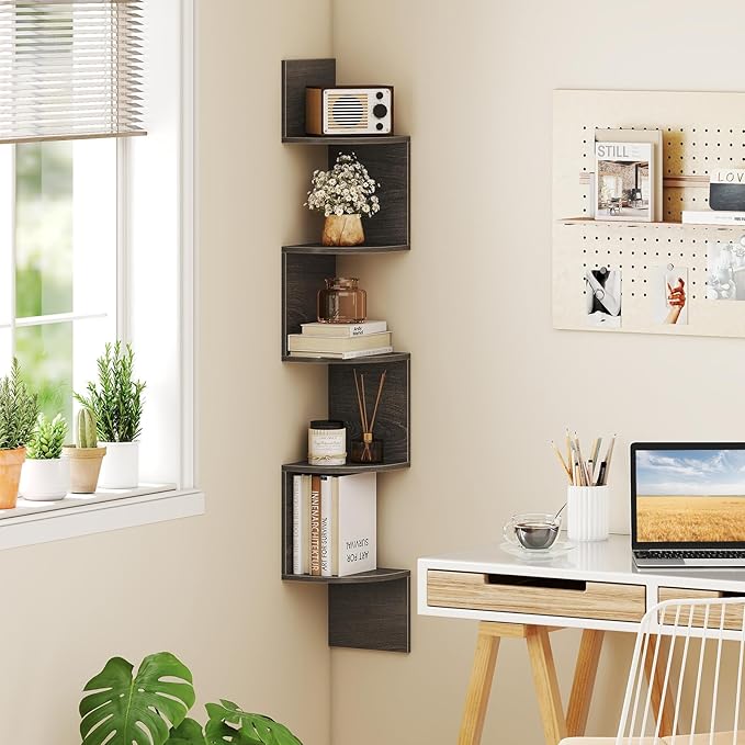 Giantex Corner Shelf Wall Mounted Set of 2, 5-Tier Floating Corner Bookshelf, Home Storage Organizer, Wooden Display Stand Rack for Wall, Plant Shelf for Living Room, Bedroom, Kitchen, Oak