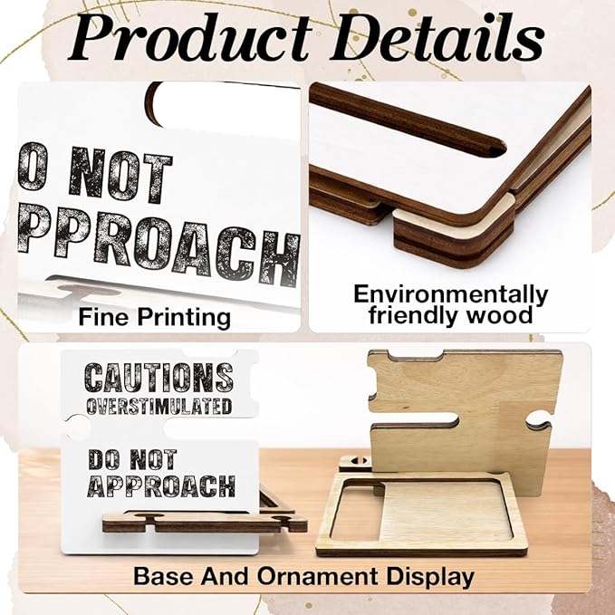 Funny Office Gifts for Coworkers Teammates Employees Boss - Multi-functional Desk Organizer - Humorous Office Quote Wooden Caution Overstimulated Sign for Office Desk Shelf Decor