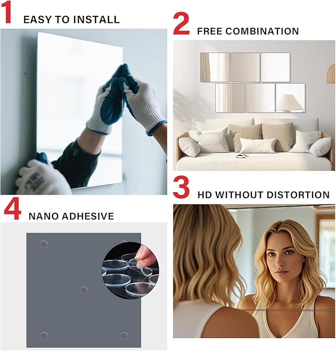 Home Gym Mirror, 12Pcs 12" Square Wall Mirror Tiles, Frameless HD Glass Full Length Wall Mirrors for Wall Decor, Bedroom, Living Room, Over The Door, Self Adhesive