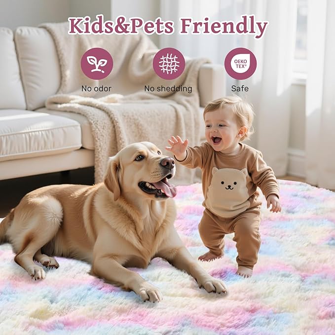 6x9 ft Fluffy Rainbow Area Rug for Bedroom Soft Fuzzy Living Room Rug Non-Slip Shag Rugs Carpet for Nursery Kids Play Room Dorm Office Indoor Modern Plush Carpets