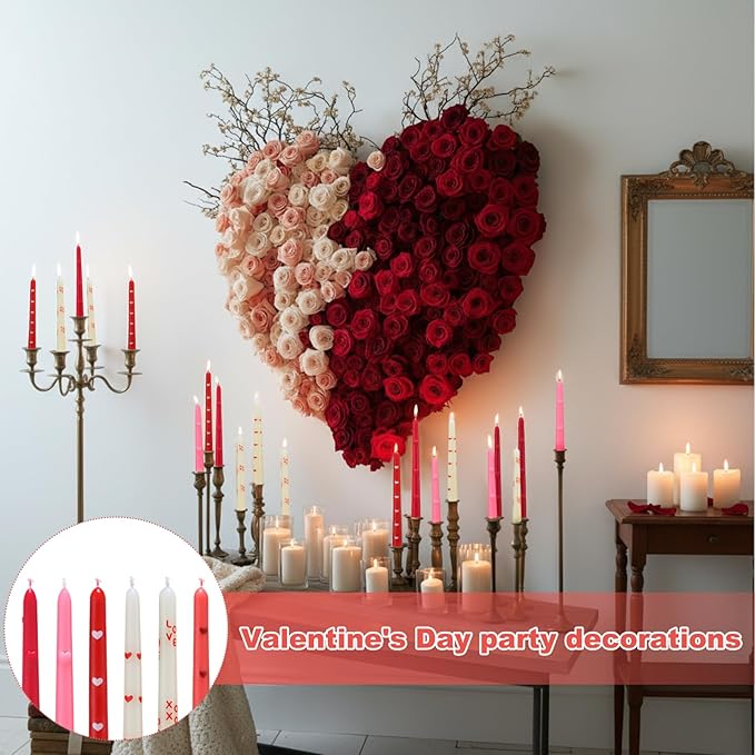 Threlaco 6pcs Pink Red Heart Taper Candle Set 10 Inch Valentine's Candle Sticks Valentines Decorative Candles Long Unscented Candlesticks for Valentine's Day Party Table Anniversary Wedding Decor