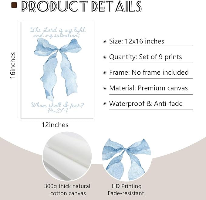 Light Blue Christian Wall Art Coquette Bible Verse Canvas Wall Decor Preppy Trendy Floral Poster Aesthetic Christian Bow Picture Religious Scripture Prints for Girls Dorm Bedroom 12x16x9 Inch Unframed