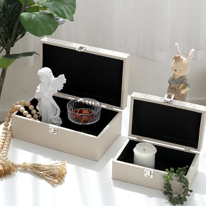DECOR4SEASON Faux Leather Decorative Jewelry Storage Organizer Boxes Set of 2, Apricot White