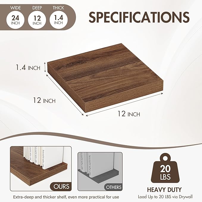 Acovy 12 Inch Floating Shelves, 12" Deep Floating Shelf Wall Mounted, 12" Wall Shelves, Rustic Deep Bookshelf, Extra Deeper Display Shelves & Storage Shelves for Bedroom, Living Room, Set of 3