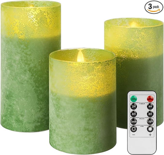 Green Battery Operated Candles with Remote and Timer, Real Wax Flickering Flameless Candles, Glass LED Pillar Candles for Party Wedding Halloween Christmas Decoration