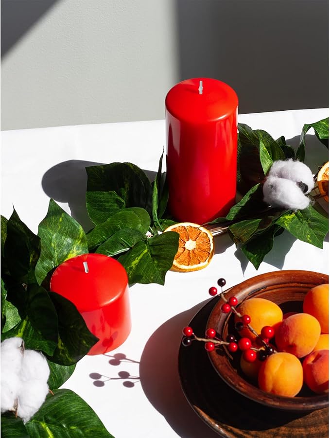 CANDWAX 3x6 Inch Red Pillar Candles Set of 3 - Unscented Christmas Pillars - 80-Hour Burn Time Self-Extinguishing Long Lasting Cone-Top Red Candles for Home Decor