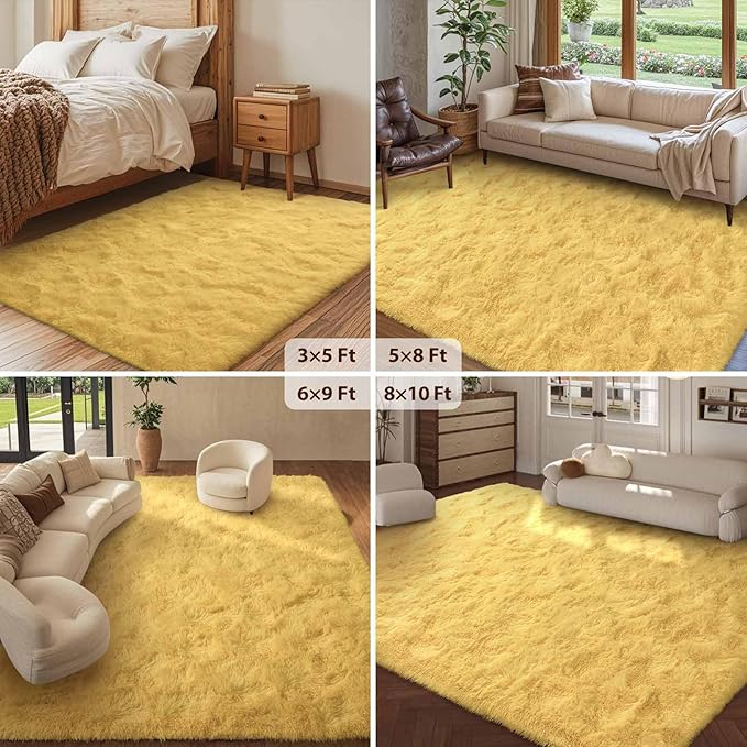 FinRèc Soft Yellow Rugs for Bedroom Living Room, 5x7 Feet Fluffy Shaggy Area Rug, Non-Slip Fuzzy Furry Shag Rug for Nursery Kids Room Dorm Room Home Decor, Indoor Plush Floor Carpet