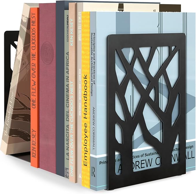MaxGear Book Ends Tree Design Modern Bookends for Shelves, Non-Skid Bookend, Heavy Duty Metal Book Stopper for Books/DVDs, Decorative CD Holder & Video Game Organizer, 7 x 4.7 x 3.5”, Black