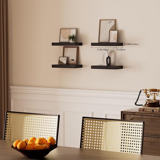 Floating Shelves for Wall, Bathroom Shelves Over Toilet, Wall Shelves & Book Shelf for Room, Hanging Shelf, Modern Wooden Wall-Mounted Small Floating Shelves, 12x7x1.5 in (Black, Set of 4)