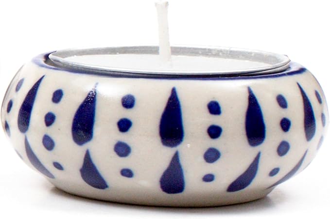 Ceramic Tealight Holder Set of 6 - Hand-Painted Candle Holders with Wax Tealights - Decorative Votive for Home, Party, Wedding, Festive & Gift Décor (White Blue) - ALPHA Living HOME